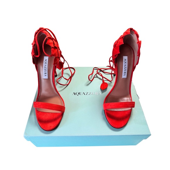 Aquazzura Orange Suede Leaf Detail Lace Up Stiletto Sandals Heels Size 37.5 - Picture 6 of 11